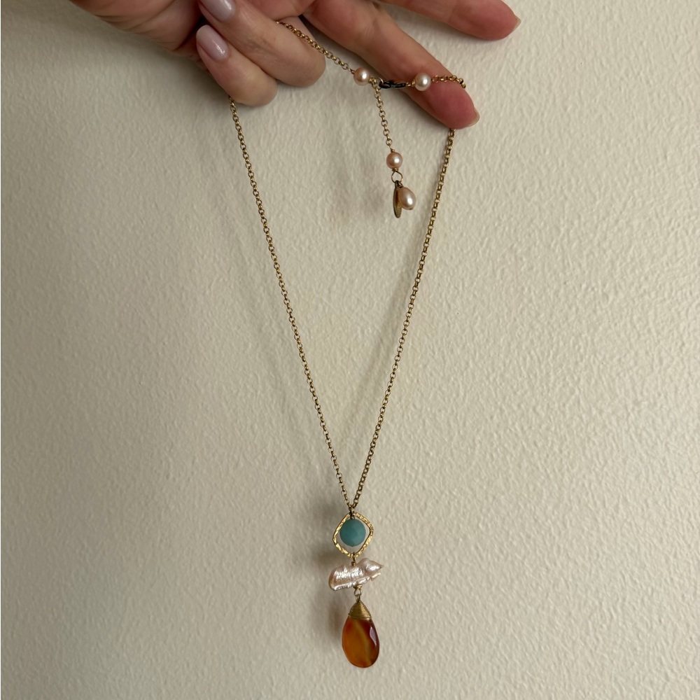 Gold Pendant Necklace with Turquoise, Pearl and Amber Drop